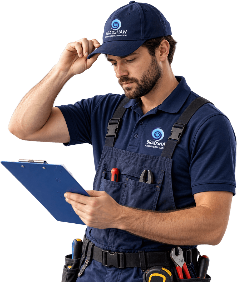Bradshaw Plumbing technician reviewing a work order